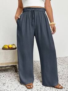 SHEIN Frenchy 大码女式纯色抽绳腰休闲百搭阔腿裤，适合日常穿着 - 灰色 - 查看 2