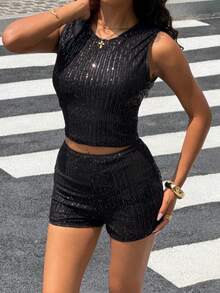 Muchica Shiny Sequin Women's Camisole & Shorts Set, Black - Black - View 7