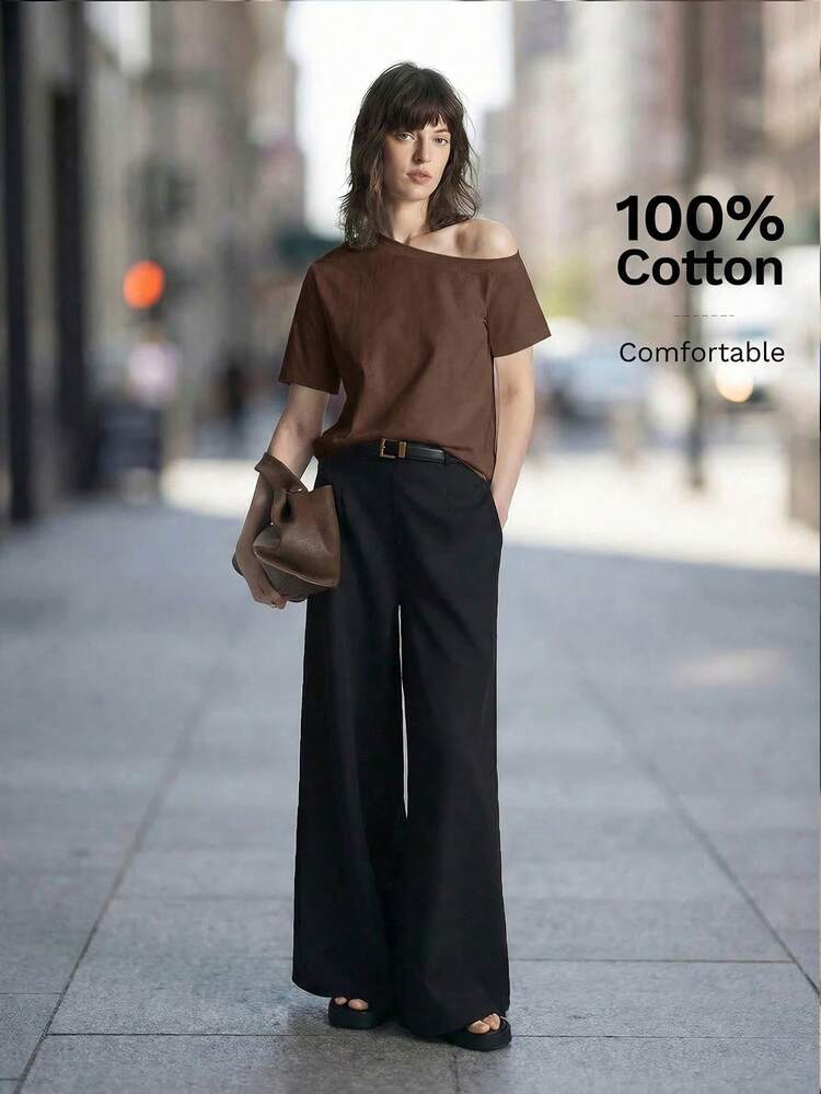 2026SS New Women's Solid Color Shoulder Short Sleeve Top, Casual Daily Wear, Loose Fit Short Sleeve T-Shirt, Women's Summer Tops, Business Casual, Vacation, Beach, Birthday Party, Teacher Outfit, Back To School Shoulder-Revealing Blouse