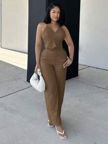 Alexandranx 深 V 领无袖露背上衣和阔腿裤 2 件套，优雅淑女风格套装，适合办公室、通勤、街头穿着、瘦身增高、春夏 - 駝色 - 查看 6