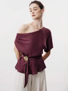 Aalyst Women's Solid Color Asymmetric Shoulder Exposed Shoulder Asymmetrical Neckline Short Sleeve Waist Metal Buckle Decor Tie Blouse, Elegant French Retro Formal Office Commute Casual Holiday Afternoon Tea Street Style Minimalist Versatile, Spring/Summer New Arrival Women's Tops And Blouses Women's Short Sleeve Tops Blouse With Garterized Waist For Women Women's Tops - Maroon - View 8