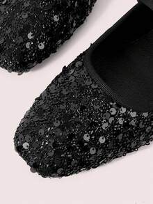 CUCCOO DOLLMOD Women's Black Sequin Glitter Low Vamp With One-Piece Round Rhinestone Buckle Design Square Toe Flat Shoes, Fashionable And Elegant, Suitable For Birthday Parties - Black - View 4