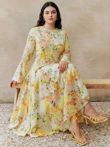 Plus Size Women Long Sleeve Flared Elegant Spring/Summer Dress, Vacation Dress - Yellow - View 3