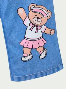 SHEIN Casuvi Kids Tween女孩時尚淺藍色印花星星圖案吊帶褲，休閒校園開學個性化秋季背帶褲整體裝 - 藍色 - 查看 9
