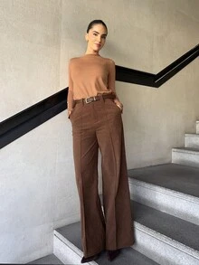 Marta Soriano Quần nhung kẻ nâu dành cho nữ với thiết kế chi tiết, thắt lưng cổ điển, phù hợp để đi làm, đi làm và mặc thường ngày, mùa thu/đông - màu nâu - Xem 5