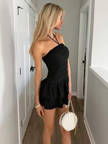 Sydney Algeri Summer Sexy Solid Color Tie-Up Halter Waist Flared Mini Skirt - Black - View 4