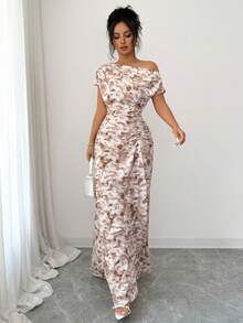 SHEIN Elenzya Vestido asimétrico de hombro con cintura fruncida y estampado todo sobre - Multicolor - Ver 6