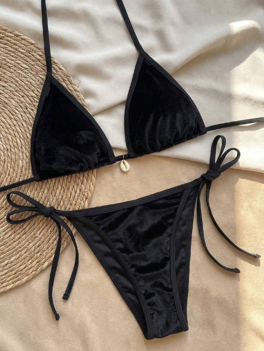 Swim Vcay Conjunto de bikini de 2 piezas con tirantes de espagueti, cuello halter, espalda descubierta y lazos laterales, de terciopelo negro, para primavera/verano 2026 para mujeres - Negro - Ver 1