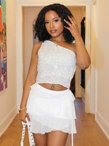 Steph T Áo sequin cổ lệch cho nữ, thích hợp cho các bữa tiệc và tụ họp, đi chơi, áo lấp lánh cho năm mới, lễ hội Carnival. - Bạc - Xem 5