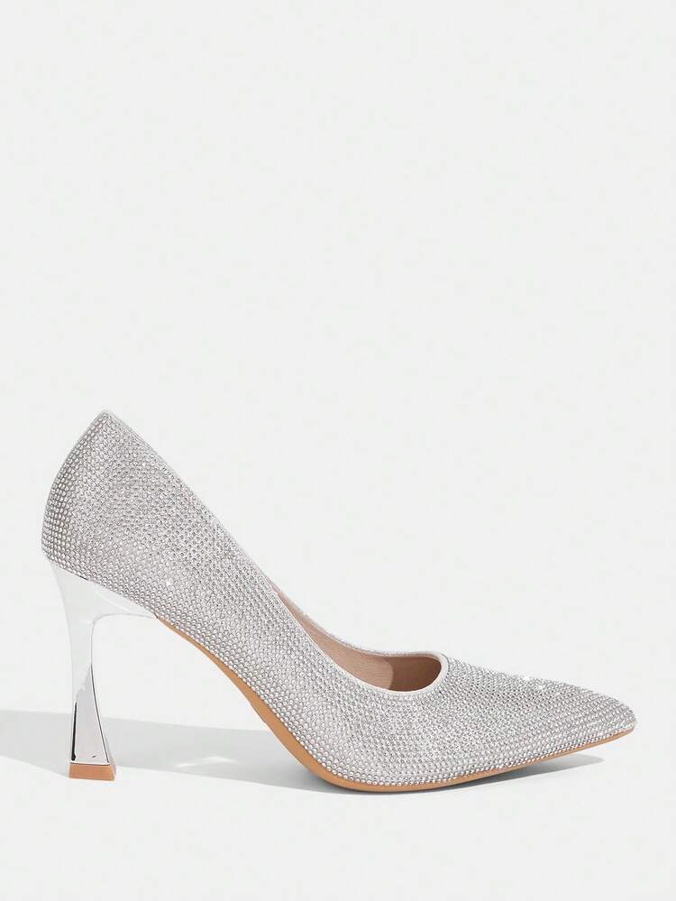 CUCCOO TILAWA Women's Silver Elegant Pointed Toe High Heel Pumps, Rhinestone Decor Pyramid Heel Sexy High Heels, Charming Party Stilettos, Suitable For Office, Outdoor, Wedding, Banquet, Party, Spring, Easter