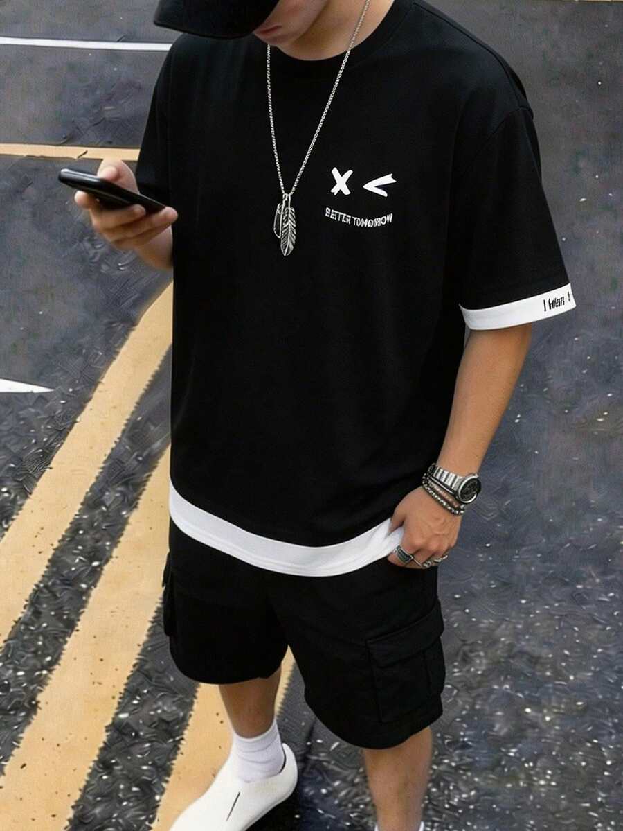 Vacaura 青少年男童T恤，二合一撞色休闲短袖圆领T恤，趣味表情字母印花，适合夏季、户外、校园穿着。 - 彩色 - 查看 1