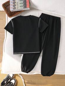 男童休闲白色条纹口袋设计短袖T恤和针织运动裤套装（2件套），春夏款 - 黑色 - 查看 2