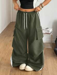 Coolane Damen Plus Sommer Streetwear Sport Basic Klapptasche Seitliche Kordelzug Taille Fallschirm Graue Cargohose - Armeegrün - Übersicht 3