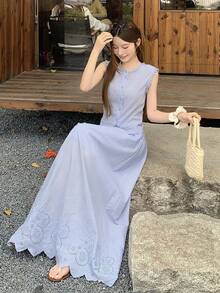 DAZY 女士圆领蕾丝拼接开衫上衣和长裙两件套度假休闲夏季套装 - 藍色 - 查看 2