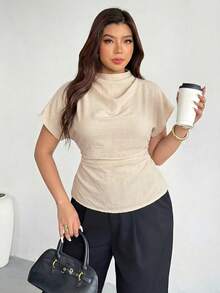 Firerie Plus Size Women Casual Elegant Vacation Ruched Collar Irregular Sleeve Side Ruched Waist Slimming Textured Fabric Blouse, Spring/Summer - Apricot - View 5