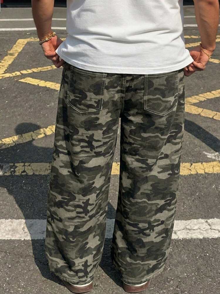 Camouflage Washed Long Jeans For Plus Size Men, Autumn/Spring