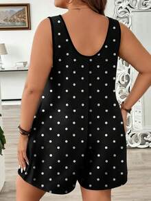 EMERY ROSE Macacão feminino plus size casual preto com estampa de bolinhas brancas, ideal para férias de verão. - Multicolorido - Ver 2