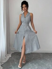 Elenzga Đầm kẻ sọc thanh lịch, thoải mái dành cho nữ, thích hợp đi làm. - màu đen - Xem 5