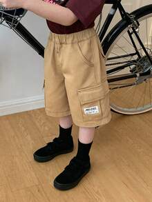 DAZY Pantalones cortos de mezclilla casuales con bolsillos parche para niño pequeño, verano - Caqui - Ver 4