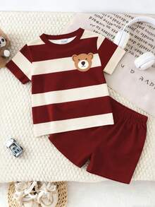 SHEIN Playful Pals 两件套男婴可爱小熊条纹印花圆领短袖T恤搭配藏蓝色短裤，适合夏季外出穿着 - 彩色 - 查看 3