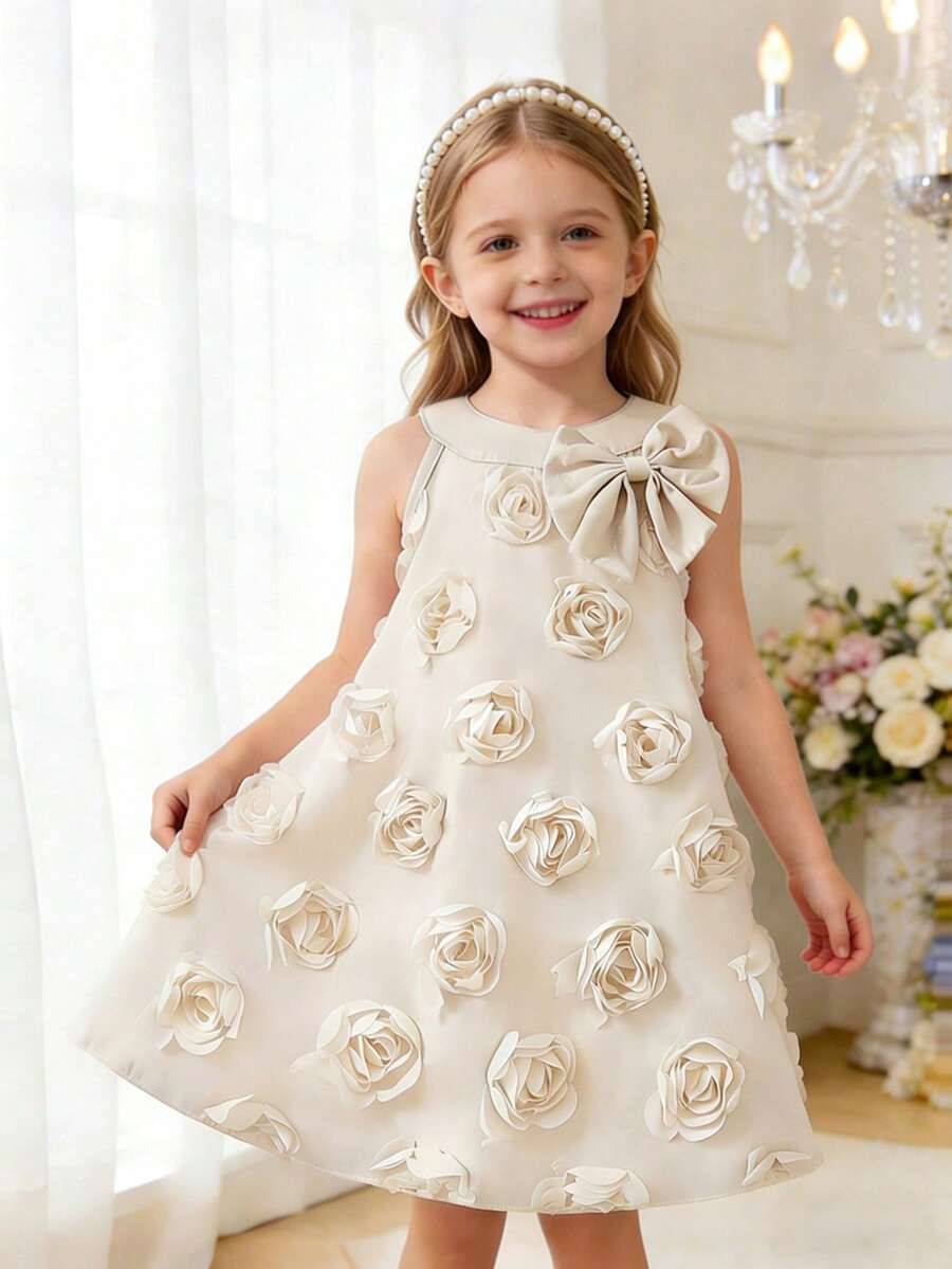 SHEIN Glamorique Kids 小女孩优雅无袖蝴蝶结3D网纱花朵公主裙,适合日常穿着、派对、旅行和度假 - 杏色 - 查看 1
