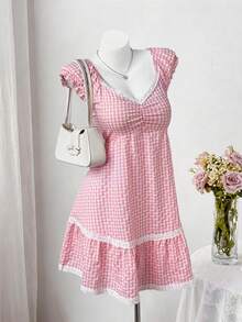 Sweetra Nouvelle robe d'été mode douce à carreaux roses, col en V, patchwork en dentelle, manches courtes - Rose bonbon - Voir 7
