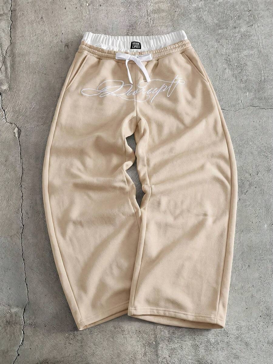 AXEPEAK Men's Casual Fashion Street Daily Commute Letter Print 2 In 1 Contrast Color Drawstring Waist Loose Wide-Leg Sweatpants - Apricot - View 1