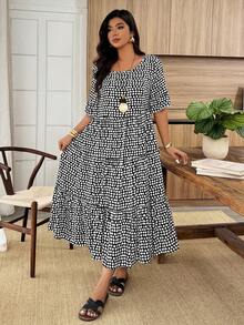 SHEIN LUNE Black And White Polka Dot Crewneck Midi Dress,Plus-Size Women's Summer Boho Vacation Holiday Dress For Casual,Daily Wear,Office And Parties - Black and White - View 3