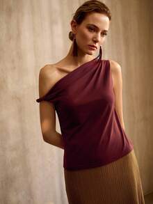 MOTF PREMIUM FASHIONABLE MINIMALIST COTTON ASYMMETRICAL SHOULDER SLEEVELESS T-SHIRT, SPRING/SUMMER - Burgundy - View 4