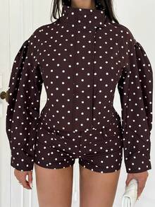 Shopreo 2 件套女士波尔卡圆点印花长袖拉链夹克和短裤休闲宽松 Y2K 服装，2025 年秋季 - 咖啡棕 - 查看 5