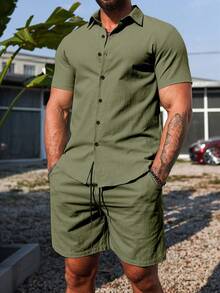 Manfinity Homme Men's Casual Solid Color Shirt & Shorts Set - Army Green - View 5