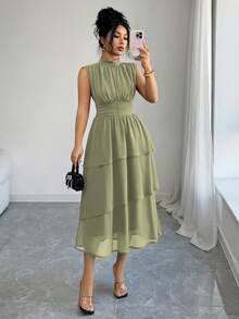 Elenzga Đầm maxi nữ mùa xuân/hè kiểu Pháp lãng mạn, thanh lịch, phong cách Sicily, thích hợp đi làm, đi nghỉ mát, dự tiệc trà chiều, màu trơn, chất liệu chiffon nhăn, cổ tàu, eo xếp ly, gấu đầm xếp tầng, không tay, có lớp lót, đầm nữ sang trọng, đầm mới nhất, đầm nữ dự tiệc, đầm nữ chất lượng cao. - màu xanh lá - Xem 6