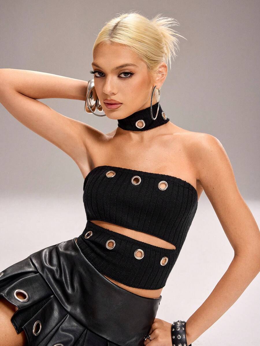 Y2Kool Áo croptop dệt kim khoét lỗ phong cách đường phố dành cho nữ - màu đen - Xem 1