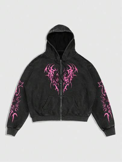 ROMWE MEN Street Life Spring Men's Casual Graphic Print Zip-Up Hoodie Sweatshirt, Autumn, Y2K