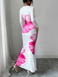 Elenzga Đầm dài tay cổ tròn, ôm dáng, in hoa, thanh lịch dành cho nữ, thích hợp cho mùa xuân/thu. - trắng - Xem 2