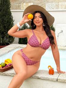 Swim Vcay Conjunto de bikini de 2 piezas de talla grande para mujer, de moda de verano 2026, con escote en V profundo, tirantes ajustables y estampado, sexy y casual para vacaciones - Rojo - Ver 4