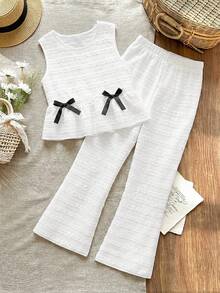 2pcs/Set Girls Jacquard Sleeveless Top And Pants, Suitable For Summer Outings, Vacation, And Daily Wear - White - View 3