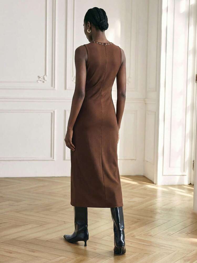 SHEIN Maija Outfit Deas For Dress,Women's Deep V-Neck Ruched Slit Design Elegant Waist Cinched Midi Party Dress,Dress For Wedding Guest ,Elegant Dresses For Party , Elegant Dresses,Summer Outfits For Women Slit Dress Luxury Dresses For Women Women Elegant Outfits Brown Dress Women's Dress Formal Wear,Summer Dresses For Women