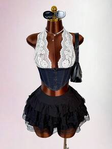 Amplova Women's Y2k Fashionable Sexy Lace Patchwork Open Back Halter Denim Top - Blue - View 6