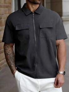 Manfinity Homme Plus Size Men's Casual Zipper Short Sleeve Shirt Jacket, Minimalist Design For Daily Wear - Dark Grey - View 3