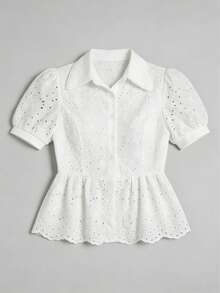 2026 Blusa elegante de verano para mujer con mangas de pétalos huecos y volantes en el bajo - Blanco - Ver 11