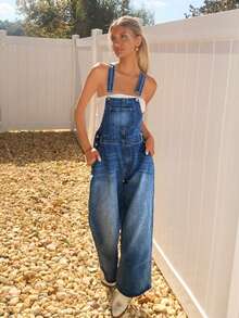 Sydney Algeri Celana Bib Denim Longgar Kasual Wanita - Pencucian Sedang - View 5