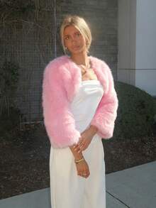 Sydney Algeri Sexy & Cute White Christmas Faux Fur Shawl Jacket, Autumn/Winter - Baby Pink - View 4
