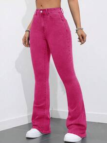 SHEIN EZwear 大码女式弹力喇叭牛仔裤，高腰复古水洗显瘦喇叭裤腿牛仔套装 - 玫紅色 - 查看 6