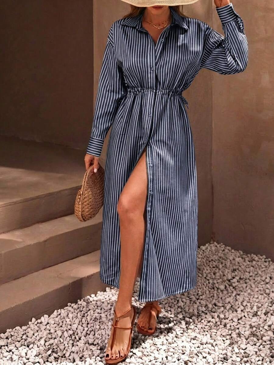 EURMUSE Casual Style Effortless, Linen Look Button Through And Drawstring Belt Detailed Maxi Shirt Dress - Navy Blue - View 1