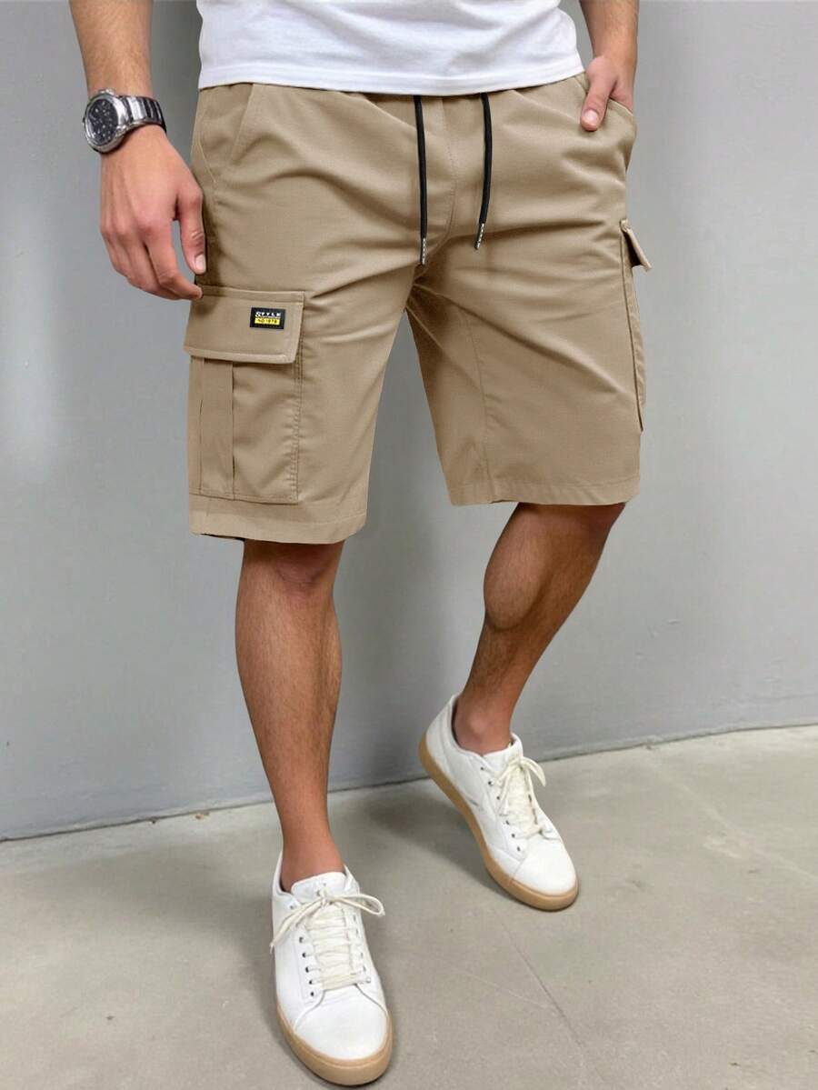 Manfinity Homme Men's Solid Color Elastic Waist Drawstring Pocket Cargo Shorts - Khaki - View 1
