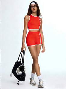 Eassivo Eassivo Bộ đồ thể thao nữ gồm áo croptop và quần short, trang phục tập yoga. - Đỏ - Xem 7