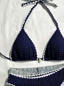 Bikini Triangular Halter Fondo Amarillo Claro con Estampado de Flor Tropical Rosa, Borde Ondulado Contraste Rosa, Parte Inferior de Cintura Alta para Playa y Piscina - Rosa - Ver 7