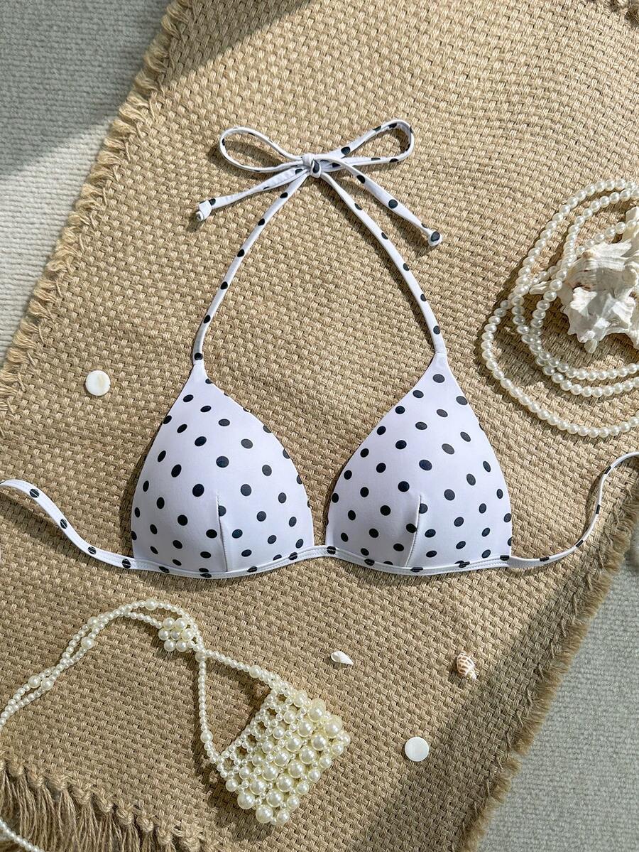 Swim Vcay Polka Dot Print Halter Neck Swimsuit Top For Beach Vacation - Black and White - View 1