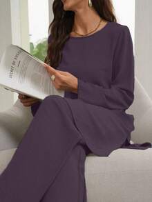 Al Najma 2pcs Women's Solid Color Crew Neck Long Sleeve Top And Loose Straight Leg Casual Pants Set 2 Piece Set - Purple - View 3